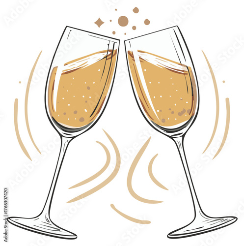 Toasting champagne glasses create a celebratory illustration, suitable for party invites and special occasion art.
