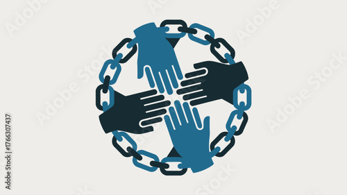 Blue and Black Hands Encircled by Chain Links Symbolizing Unity and Shared Strength