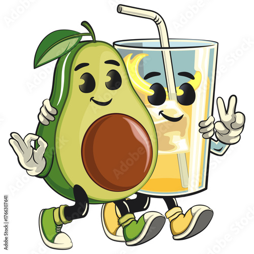 cute avocado mascot cartoon vector illustration walk with a glass of juice character while giving oke sign, healthy food concept, isolated design logo, kids, and nutrition themes, work of hand drawn