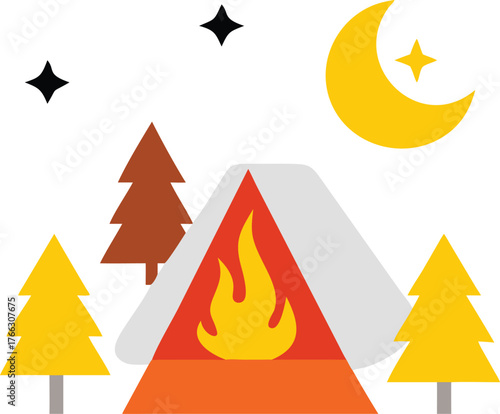 Cozy camping scene at night with a glowing campfire inside a tent surrounded by pine trees under a crescent moon and starry sky