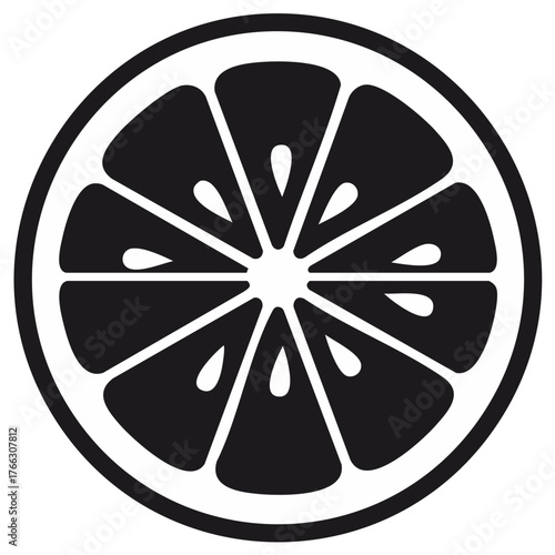 Stylized Black and White Slice of Citrus Fruit with Seeds and Segments