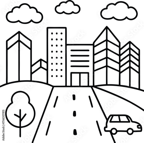 Simple outline drawing of a cityscape with buildings road car tree and clouds under a bright sky