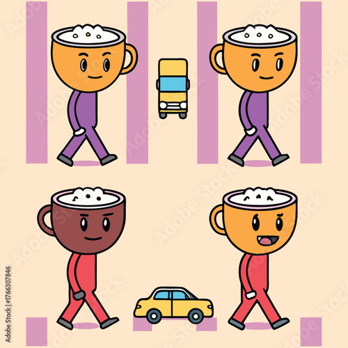 Whimsical anthropomorphic coffee cups with smiling faces walk along a street with miniature cars and striped background