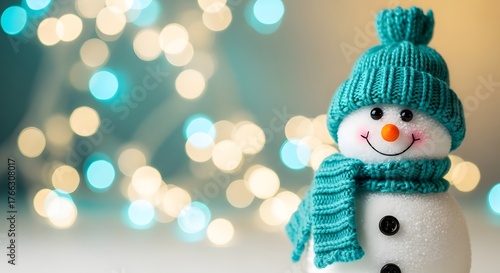 Adorable snowman wearing a teal hat and scarf with festive bokeh lights