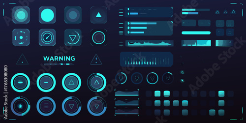 Futuristic digital user interface elements and icons in cyan and blue tones on a dark background