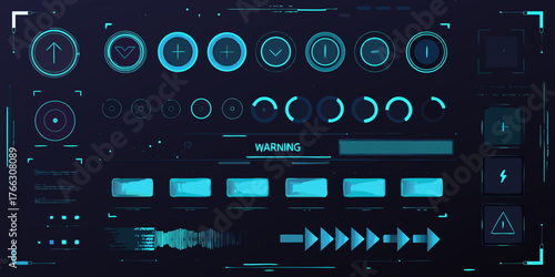 Futuristic digital interface with glowing blue icons and controls on a dark background