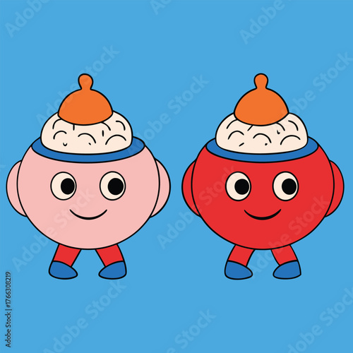 Two adorable cartoon characters with round bodies and smiling faces standing side by side against a vibrant blue background