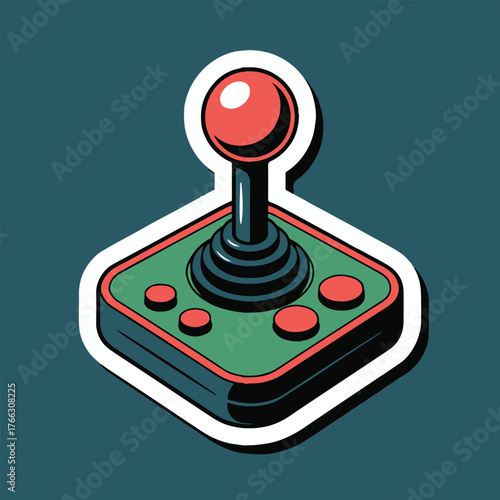 Illustration of a classic arcade joystick with red ball and buttons on a teal background