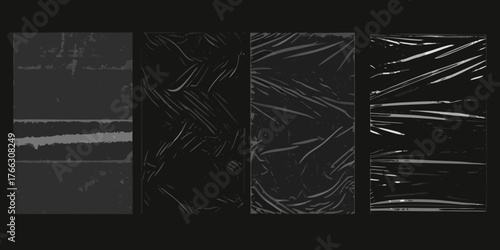 Four dark abstract backgrounds featuring textured surfaces and wrinkled plastic sheeting