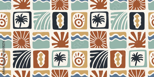 Abstract mid century modern tropical pattern with palm trees and sun rays