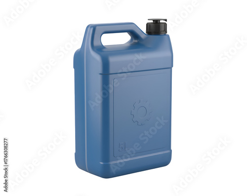 A blue plastic oil canister sitting alone on a white background