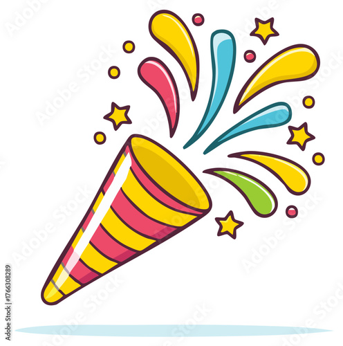 Vibrant party popper exploding with colorful confetti and stars for celebration