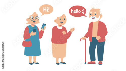 Cartoon of Three Senior People Conversing with Speech Bubbles in a Flat Style