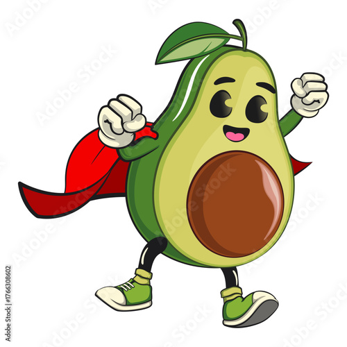 cute avocado mascot cartoon vector illustration Become a flying caped superhero, healthy food concept, isolated funny fruit design for logo, kids, and nutrition themes, work of hand drawn