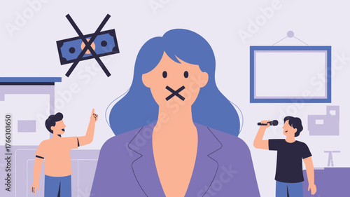 Cartoon Woman with X Over Mouth, Cancelled Dollar, and Two Men, One with Microphone