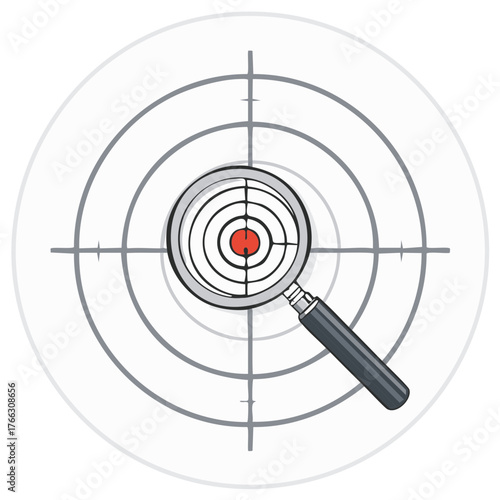 Magnifying Glass Inspects Target with Red Center Illustrating Focus and Strategic Objectives