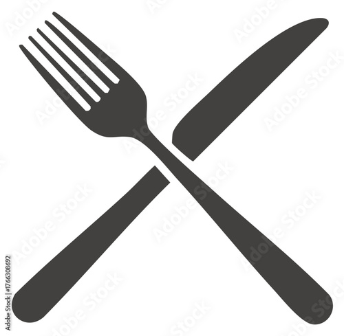 Crossed fork and knife cutlery, isolated graphic object symbol for restaurant or kitchen utensils and food preparation, flat design