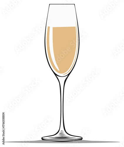 Elegant champagne flute filled with golden sparkling wine, vector illustration for celebration