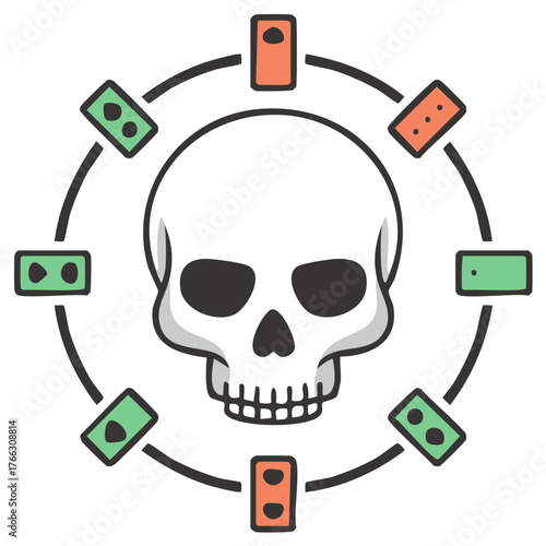 Stylized Skull with Dominoes Surrounding It Depicting Game of Chance
