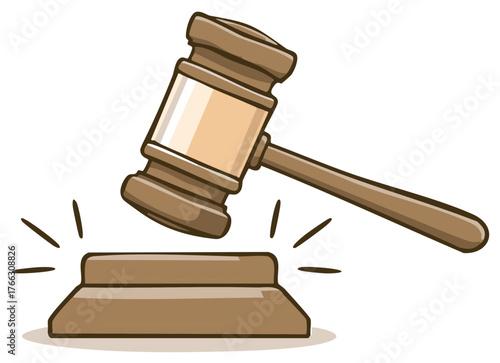 Cartoon Illustration of a Wooden Gavel Striking a Sound Block Auction Justice Courthouse or Legal Setting
