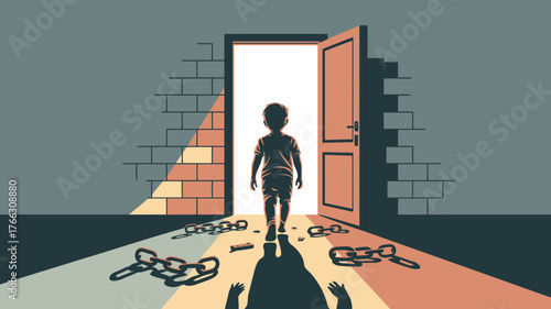 Child Walking Through Open Doorway Leaving Chains Behind, Symbolizing Freedom and New Beginnings