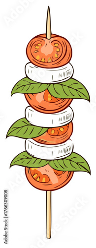 Caprese skewer with tomato, mozzarella, and basil. Italian appetizer, illustration.