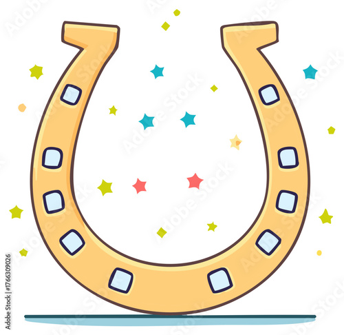 Lucky golden horseshoe symbol with sparkling stars and festive confetti illustration