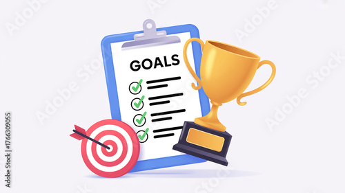 Blue clipboard with goals list trophy and target image