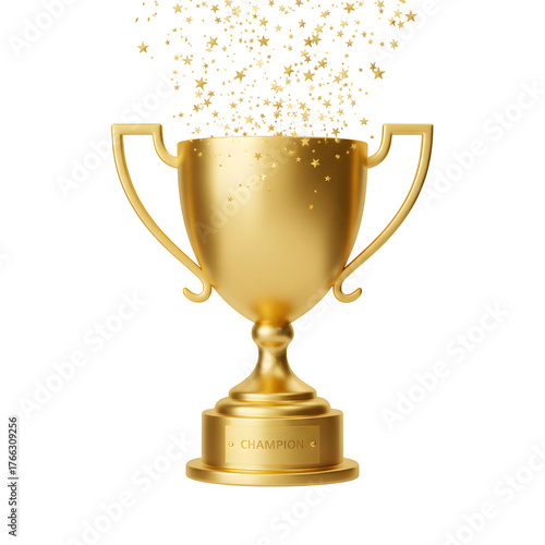 Champion trophy, a shiny golden cup with falling stars, representing a sports award icon.