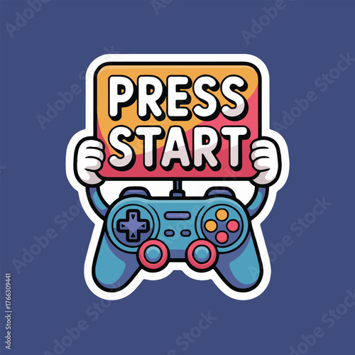 Cartoon game controller holding press start sign with white outline on a solid blue background