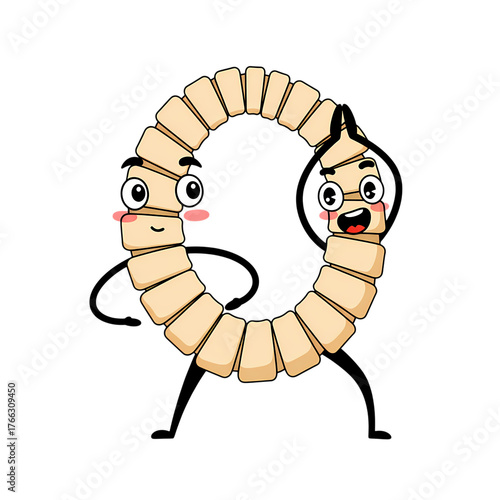 Joyful cartoon spine character stretching and exercising with happy expression