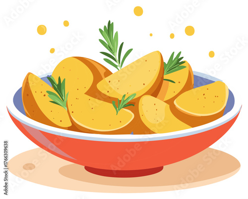 Illustration of baked potato wedges seasoned with rosemary leaves in a bowl