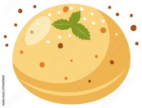 Sweet round dessert pancake with a green mint leaf and tasty decorative sprinkles illustration