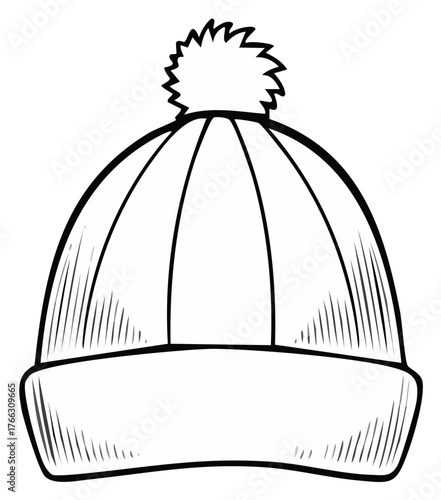 Black outline cartoon winter hat with fluffy pompom warm headwear illustration