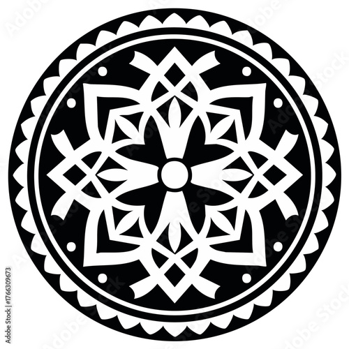 Abstract Geometric Mandala Design with Floral Elements in Black and White
