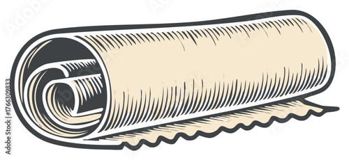 Rolled Beige Paper or Parchment Scroll in Woodcut Style
