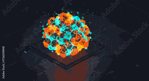 A glowing abstract sphere of interconnected orange and cyan particles hovers above a futuristic digital platform, symbolizing intricate data and technology.