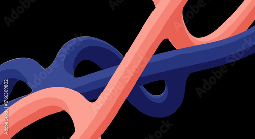 Abstract graphic design featuring two smoothly intertwined wavy lines, vibrant coral and deep blue, against a stark black background, symbolizing connection and dynamic flow.