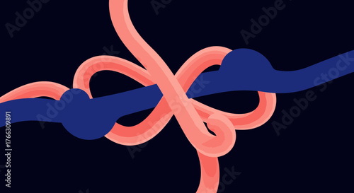 A dynamic abstract illustration showcasing two distinct colored ropes, blue and orange, intricately intertwined into a complex, symbolic knot on a dark background.