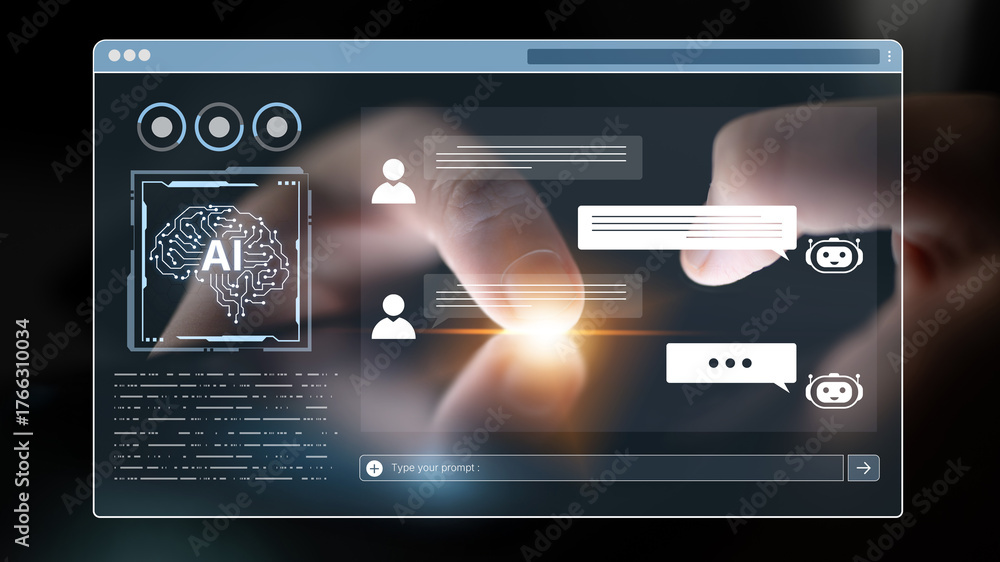 Fototapeta premium A user interface of a conversational AI platform. A user interacts with an intelligent chatbot by typing prompts to receive support and information from the digital brain. Fermion