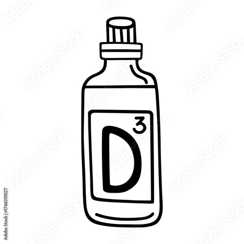 Vitamin D3 in a glass dropper bottle, vector icon. A dietary supplement for healthy skin, hair, immune. Liquid biologically active substance. Pharmaceutical product, drug. Black and white doodle