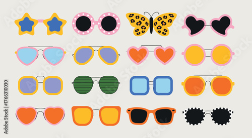 Retro Sunglasses Vector. Colorful Cartoon Doodle Eyewear with Unique Frames and Lenses for Fashion, Summer, and Trendy Accessories Design