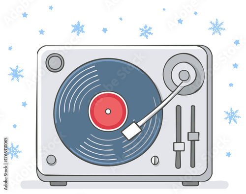 Illustration of classic turntable with spinning blue vinyl record and falling winter snowflakes