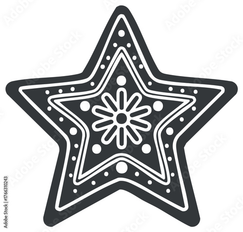 Black and white Christmas gingerbread star cookie with festive icing snowflake design