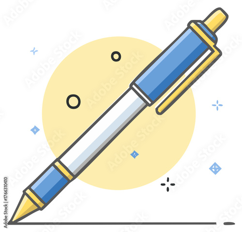 Stylized blue and yellow ballpoint pen drawing on a plain background with decorative elements