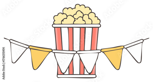 Striped Popcorn Bucket with Banner Decoration for Party or Celebration Illustration