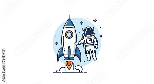 Illustration of an astronaut next to a rocket ship with stars in the background.