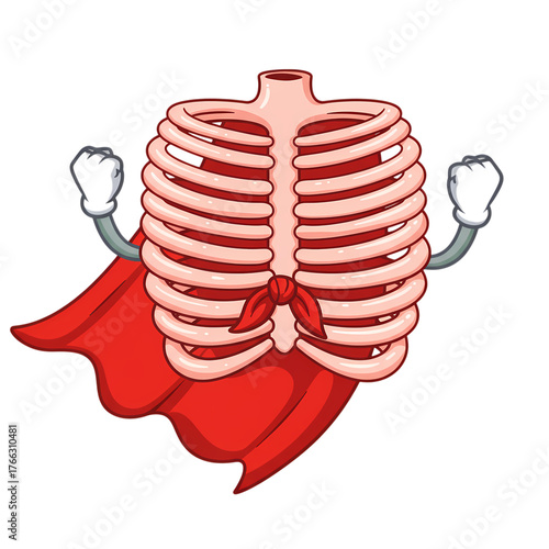 Mighty rib cage superhero with red cape and determined fists ready for action