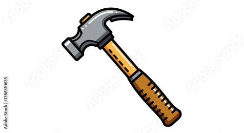 Cartoon illustration of a classic claw hammer with a wooden handle and metal head on a white background.