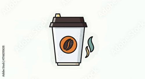 A detailed illustration of a disposable coffee cup with a coffee bean logo and steam.